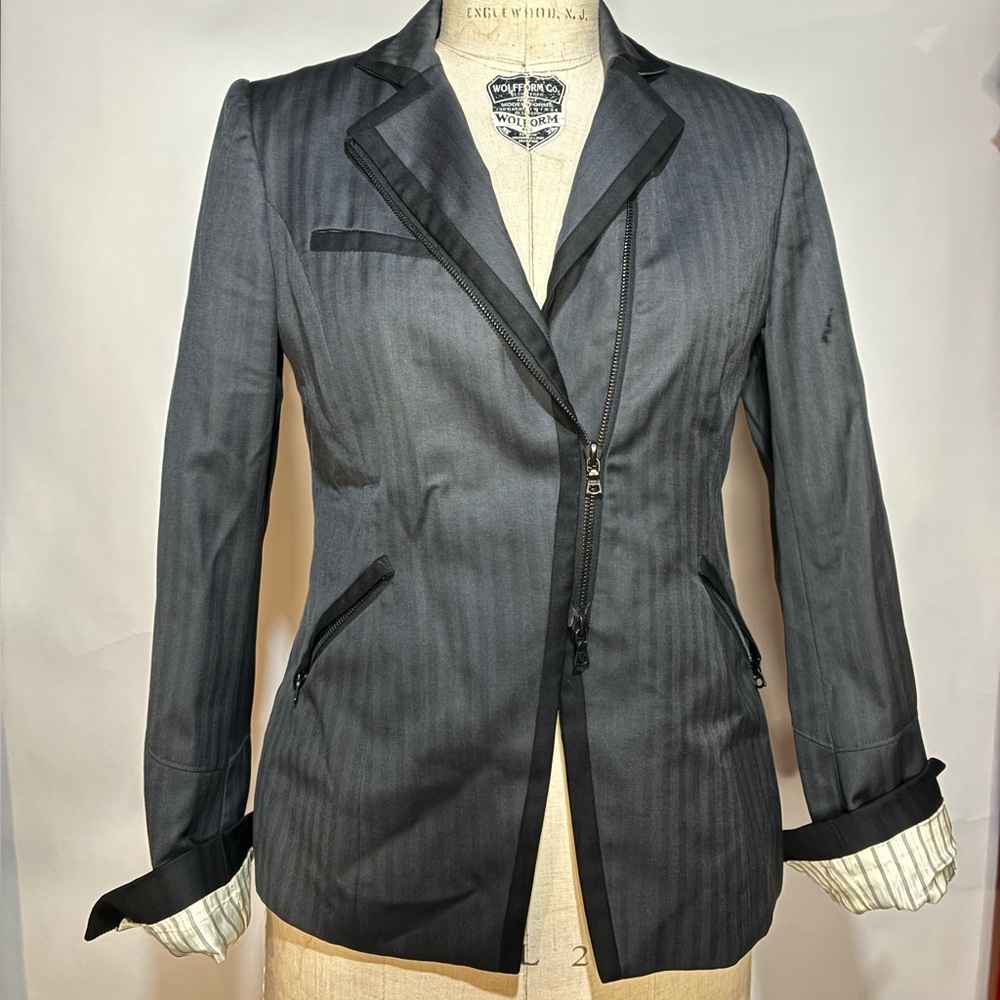 rag & bone Charcoal Pinstripe Asymmetrical Zip Blazer